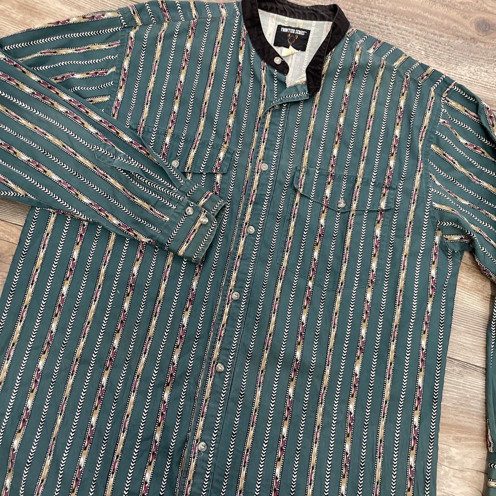 Vintage‎ Frontier Series Western Shirt Men L/XL Green Striped Button USA